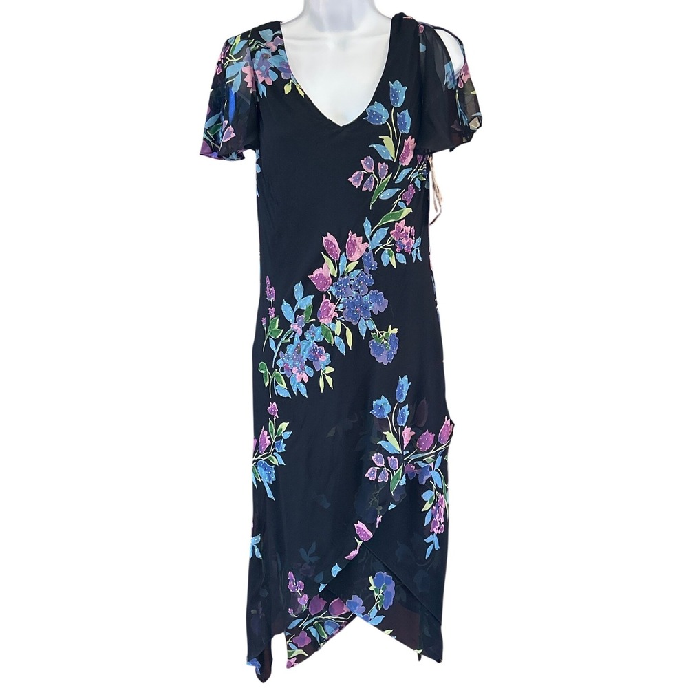 Vtg Deadstock Eva Blue Midi Dress Whimsigoth Fairycore Floral NB737 Black Blue